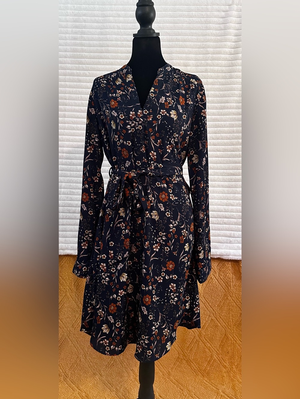 nine britton Navy Floral Wrap Dress with Rust & Cream Accents